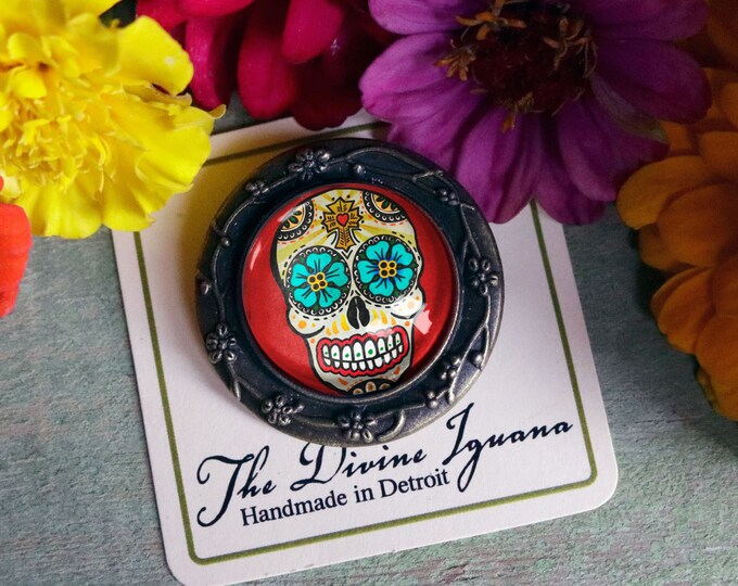 Sugar Skull with Blue Eyes Day of the Dead Pin Back Brooch