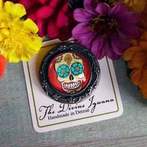 Sugar Skull with Blue Eyes Day of the Dead Pin Back Brooch