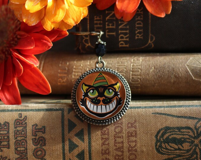 Grinning Retro Halloween Black Cat Glass Cabochon Brass Book Hook / Bookmark