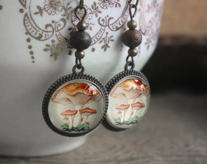 Chantarelle Mushrooms Fairytale Inspired Cottagecore Earrings With Bronze Accent Bead
