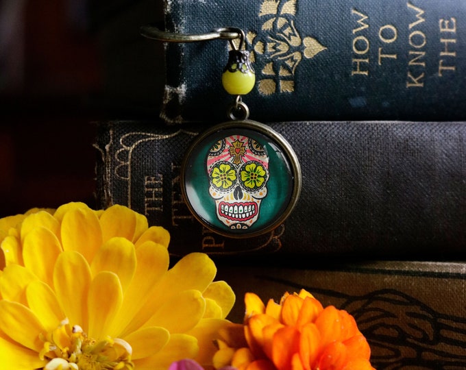 Sugar Skull with Yellow Eyes Glass Cabochon Day of the Dead Brass Book Hook / Bookmark