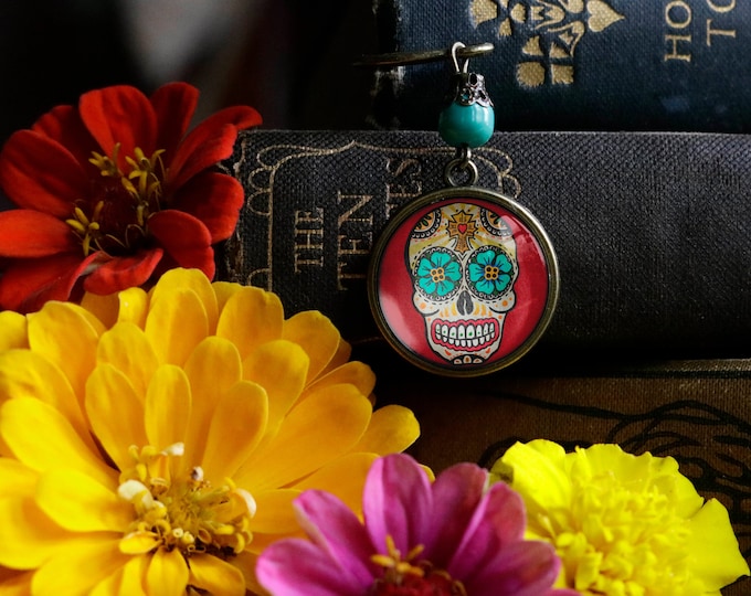 Sugar Skull with Blue Eyes Glass Cabochon Day of the Dead Brass Book Hook / Bookmark