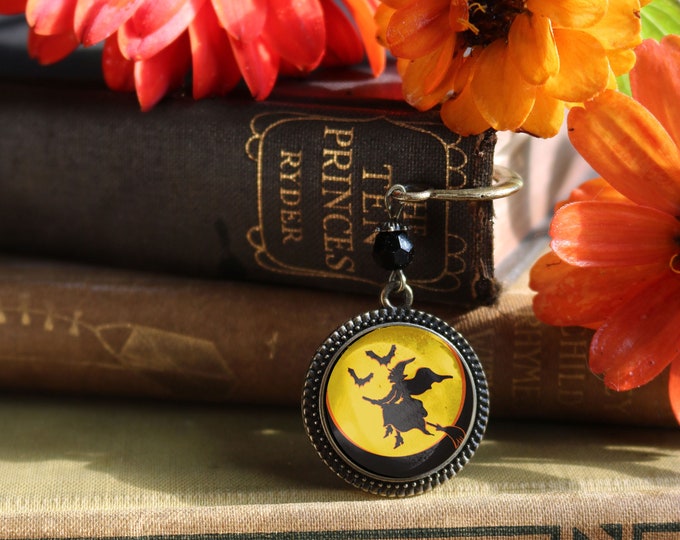 Retro Halloween Flying Witch on Full Moon Glass Cabochon Brass Book Hook / Bookmark