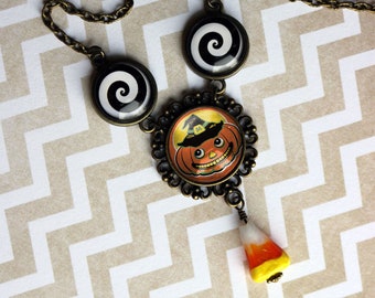 Jack O Lantern in Witch Hat and Candy Corn Retro Halloween Statement Necklace