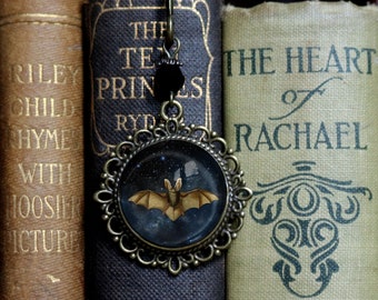 Starry Bat Goth or Halloween Glass Cabochon Brass Book Hook / Bookmark