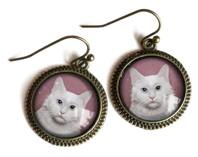 Long Haired White Cat Glass Cabochon Earrings