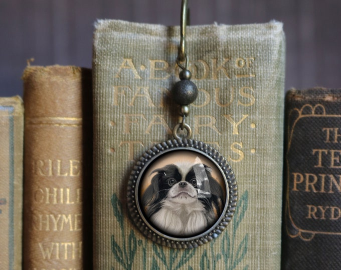 Japanese Chin Dog Glass Cabochon Brass Book Hook / Bookmark