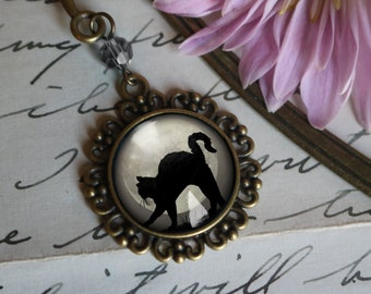 Black Cat on Grey Full Moon brass book hook bookmark with dangling glass cabochon accent