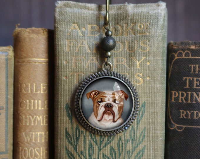 English Bulldog Glass Cabochon Brass Book Hook / Bookmark