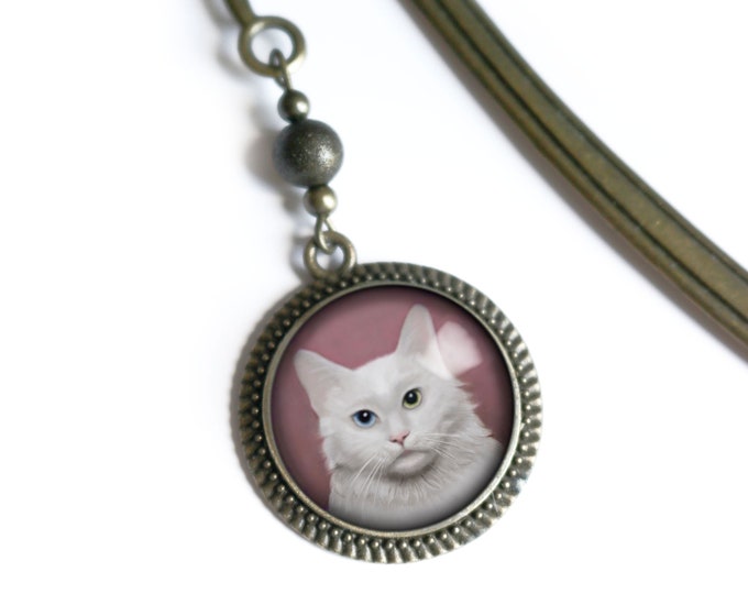 Long Haired White Cat Glass Cabochon Brass Book Hook / Bookmark