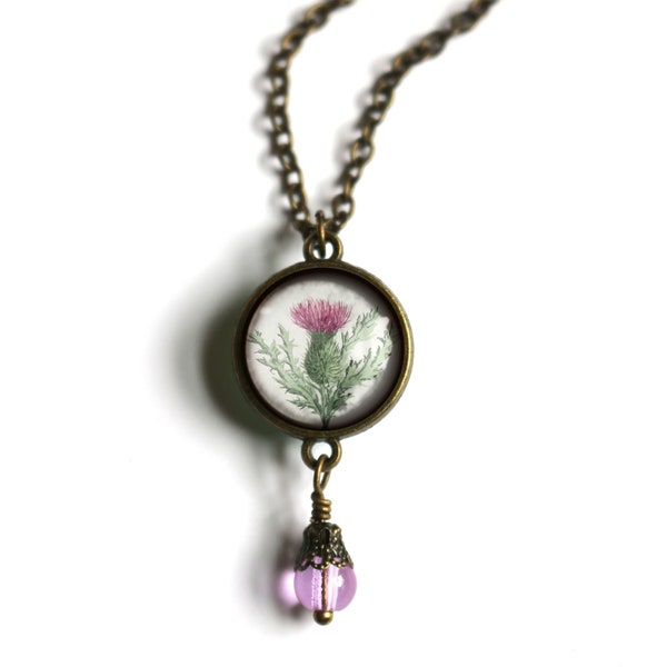 Scottish Thistle Flower Reversible Pendant Necklace with Bead Accent