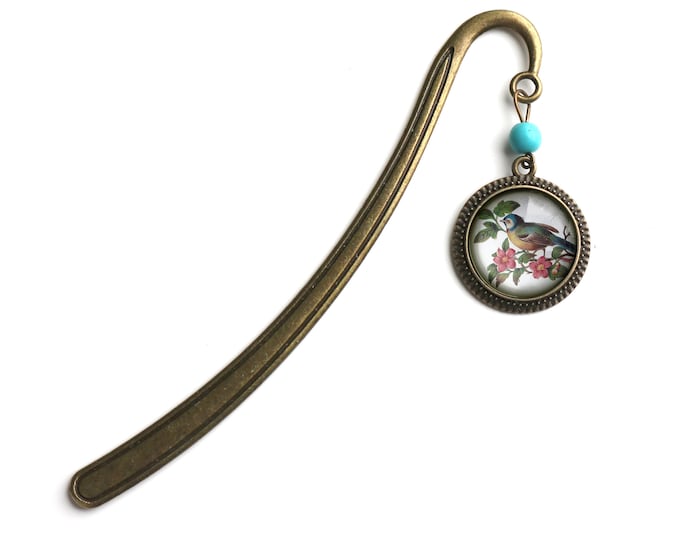 Blue Bird Glass Cabochon Brass Book Hook / Bookmark