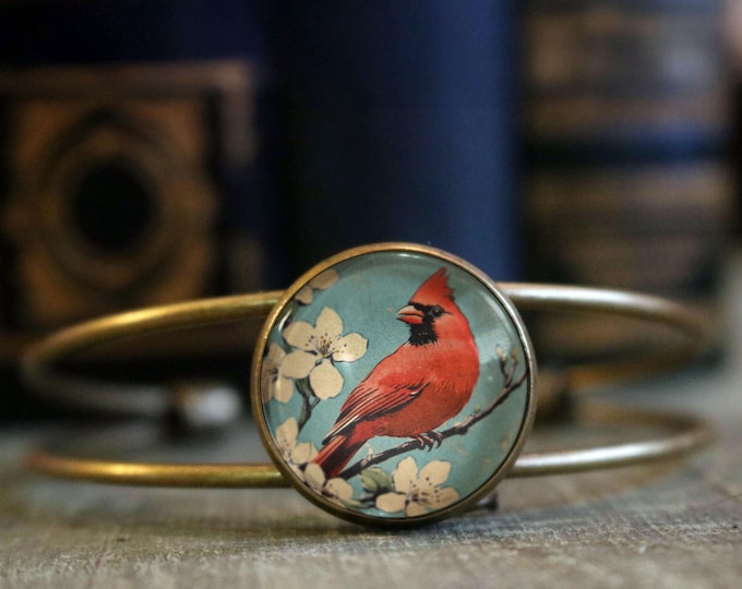 Retro Cardinal Brass and Glass Cabochon Wire Cuff  Bracelet