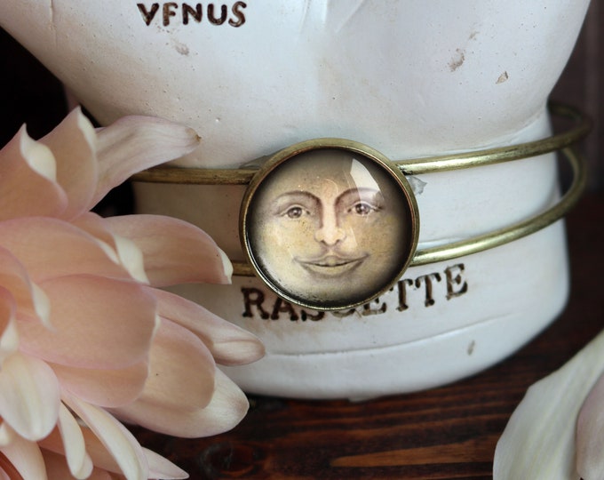 Victorian Man in the Moon Cuff / Bangle Bracelet in Antique Brass