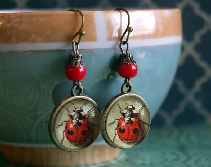 Ladybug Vintage Inspired Drop / Dangle Earrings with Red Glass Accent Bead