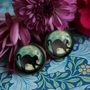 Black Cat on Blue Full Moon Glass Cabochon Stud Earrings