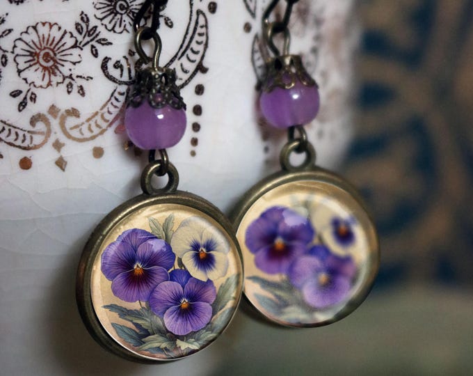 Purple Pansy Vintage Inspired Cottage Core Drop / Dangle Earrings