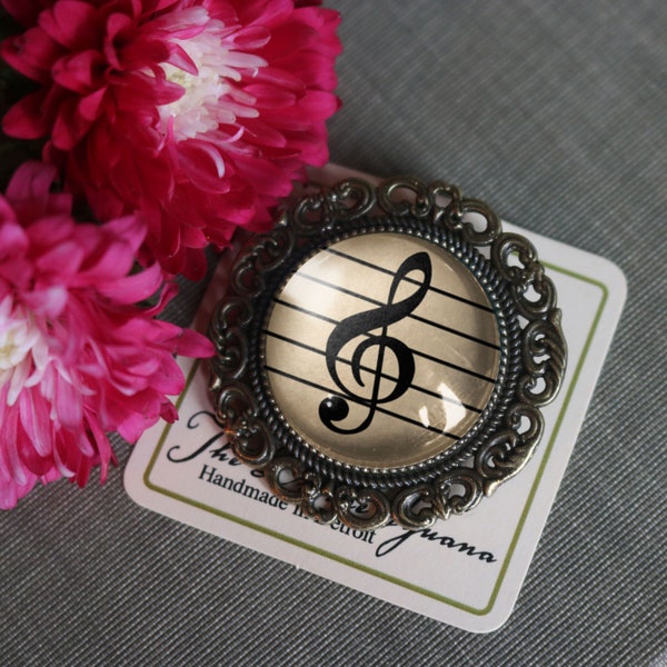 Treble Clef Reversed Decoupage Glass and Brass Brooch for Musicians