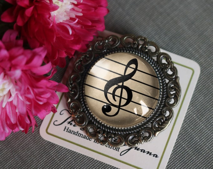 Treble Clef Reversed Decoupage Glass and Brass Brooch for Musicians