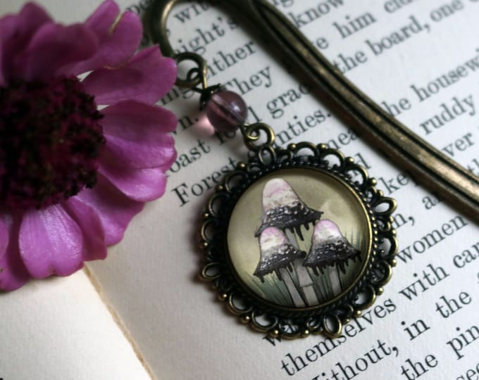 Inky Cap Mushroom Cottage Core Glass Cabochon Brass Book Hook / Bookmark