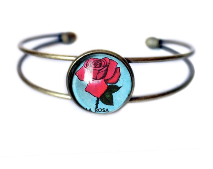 La Rosa Loteria Rose Cuff / Bangle Bracelet in Antique Brass