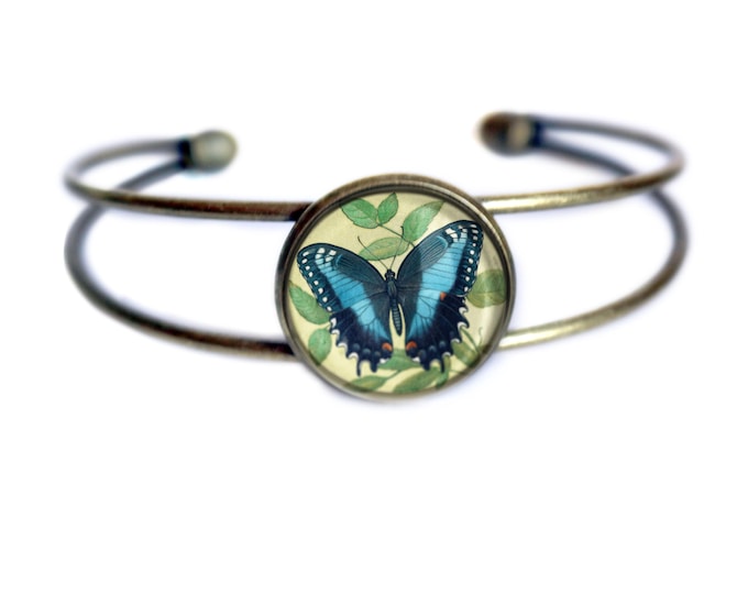 Blue Swallowtail Butterfly Adjustable Charm Bracelet / Bangle in Antique Brass
