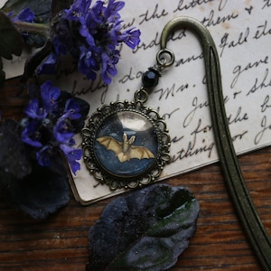 Moonlit Bat Goth or Halloween Glass Cabochon Brass Book Hook / Bookmark