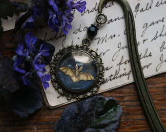 Moonlit Bat Goth or Halloween Glass Cabochon Brass Book Hook / Bookmark