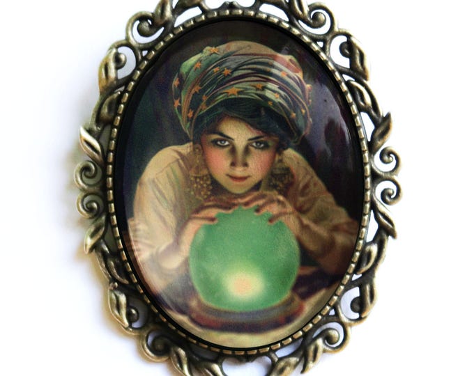Fortune Teller Ornate Glass and Bronze Brooch