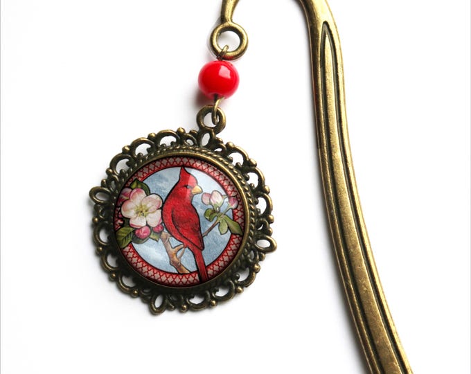 Cardinal Bird Glass Cabochon Brass Book Hook / Bookmark