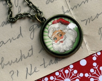 Retro Santa Christmas Reversible Pendant Necklace with Green Background