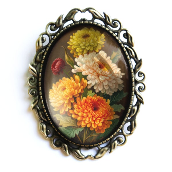 Harvest Chrysanthemums Vintage Inspired Pin Brooch for Thanksgiving and Fall