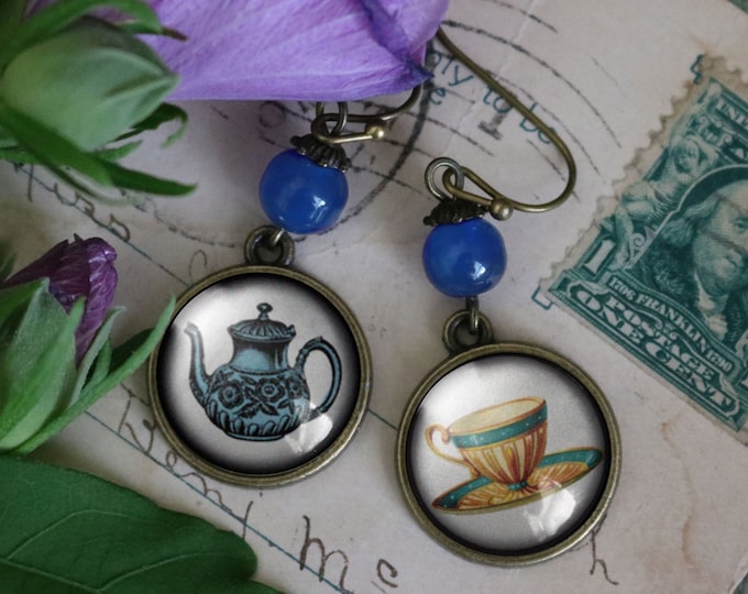Mismatched Victorian Blue and Yellow Teapot and Teacup Vintage Inspired Drop / Dangle Earrings