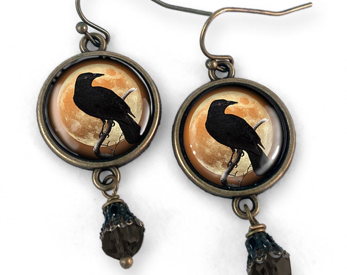 Crow or Raven on Orange Moon Halloween Vintage Inspired Drop / Dangle Earrings