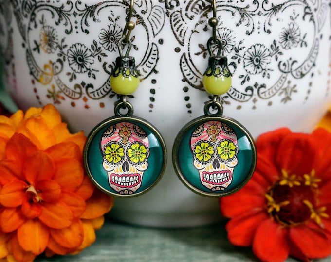 Sugar Skull with Yellow Eyes Day of the Dead Earrings