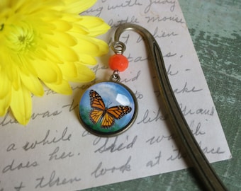Monarch Butterfly Glass Cabochon Brass Book Hook / Bookmark