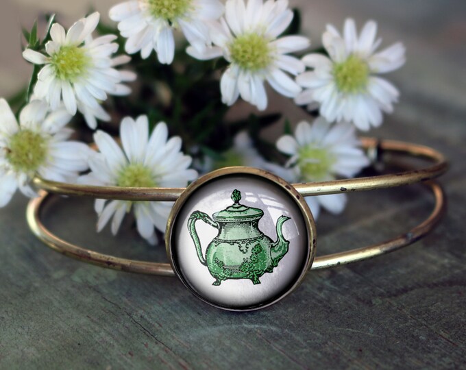 Sweet Tea Green and Yellow Teapot and Teacups Cuff Bracelet / Bangle in Antique Brass