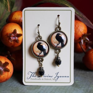 Crow or Raven on Orange Moon Halloween Vintage Inspired Drop / Dangle Earrings