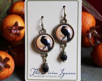 Crow or Raven on Orange Moon Halloween Vintage Inspired Drop / Dangle Earrings