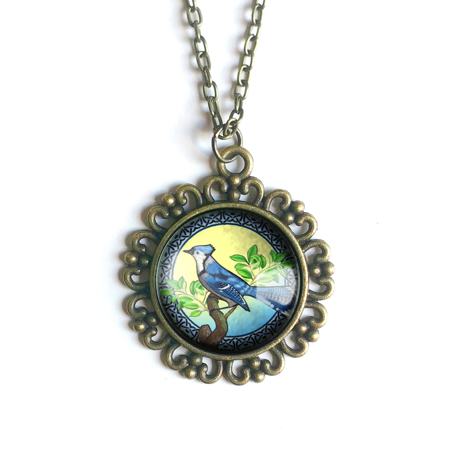 Blue Jay Bird Large Pendant Necklace in Ornate Frame Etsy