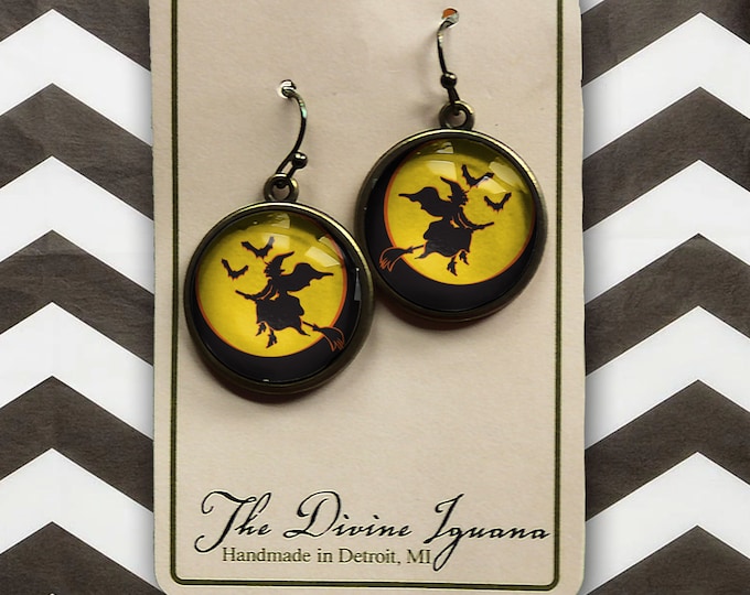 Flying Witch on Yellow Moon- Halloween Vintage Inspired Drop / Dangle Earrings