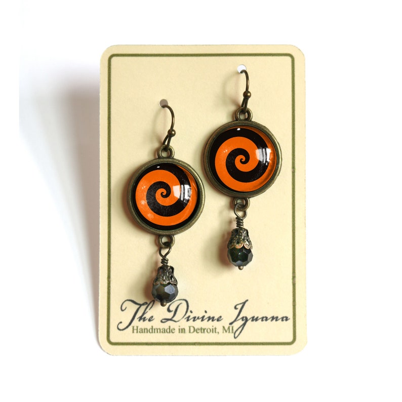 Orange and Black Spiral Swirl Halloween Vintage Inspired Drop Dangle Earrings