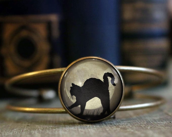 Black Cat Moon Cuff Bracelet, Bronze Bezel, Gothic Halloween Jewelry