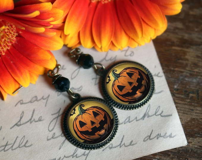 Retro Halloween Jack-O-Lantern with Bat Vintage Inspired Drop / Dangle Earrings
