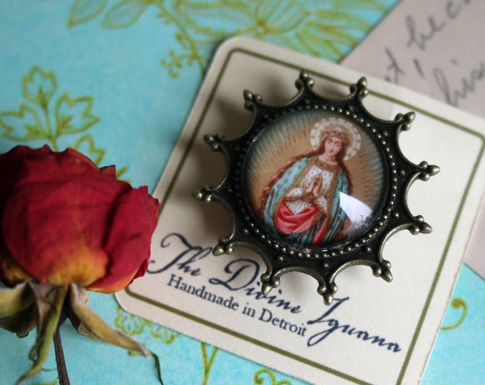 Madonna of Guadalupe Our Lady of the Stars  Reversed Decoupage Glass Brooch