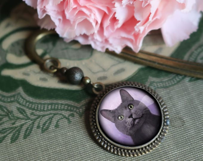 Russian Blue Cat Glass Cabochon Brass Book Hook / Bookmark
