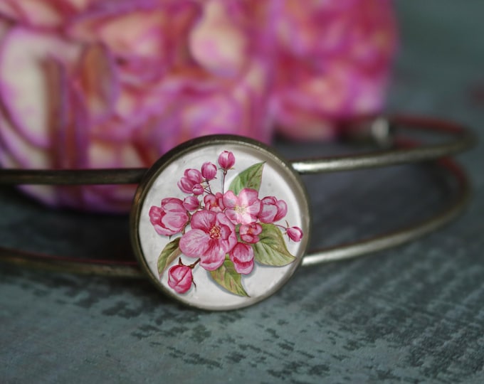 Pink Cherry Blossoms Cuff Bracelet / Bangle in Antique Brass