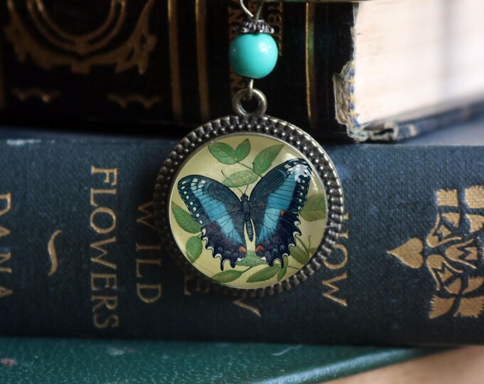 Blue Swallowtail Butterfly Glass Cabochon Brass Book Hook / Bookmark
