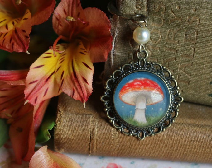 Moonlit Mushroom Amanita Cottage Core Glass Cabochon Brass Book Hook / Bookmark