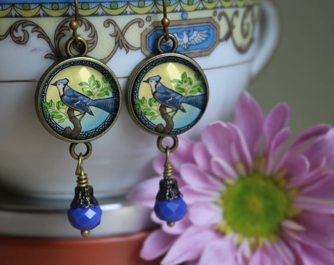 Blue Jay Bird Vintage Inspired Drop / Dangle Earrings